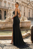 Mermaid Spaghetti Straps Red Beaded Long Prom Dress with Slit