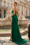 Mermaid Spaghetti Straps Red Beaded Long Prom Dress with Slit