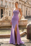 Mermaid Spaghetti Straps Red Beaded Long Prom Dress with Slit