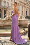 Mermaid Spaghetti Straps Red Beaded Long Prom Dress with Slit