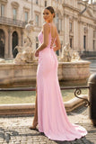 Mermaid Spaghetti Straps Red Beaded Long Prom Dress with Slit