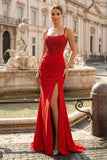 Mermaid Spaghetti Straps Red Beaded Long Prom Dress with Slit