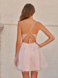 Pink - A Line V Neck Tulle Sequined Homecoming Dresses with Appliques
