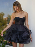 A-Line Tulle Black Short Homecoming Dress with Ruffles