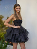 A-Line Tulle Black Short Homecoming Dress with Ruffles