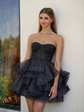 A-Line Tulle Black Short Homecoming Dress with Ruffles