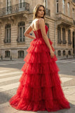 Gorgeous Sparkle Tulle Red Spaghetti Straps Ruched Prom Dress