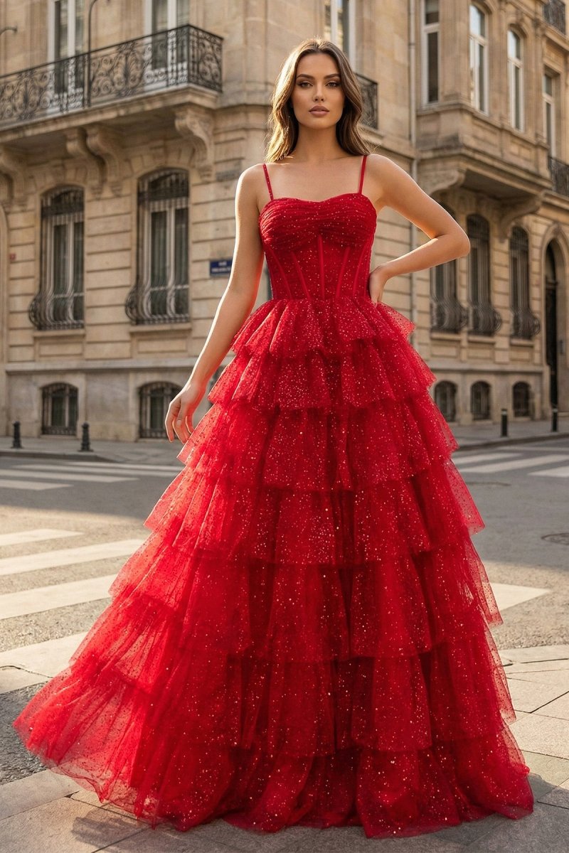 Gorgeous Sparkle Tulle Red Spaghetti Straps Ruched Prom Dress