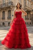 Gorgeous Sparkle Tulle Red Spaghetti Straps Ruched Prom Dress