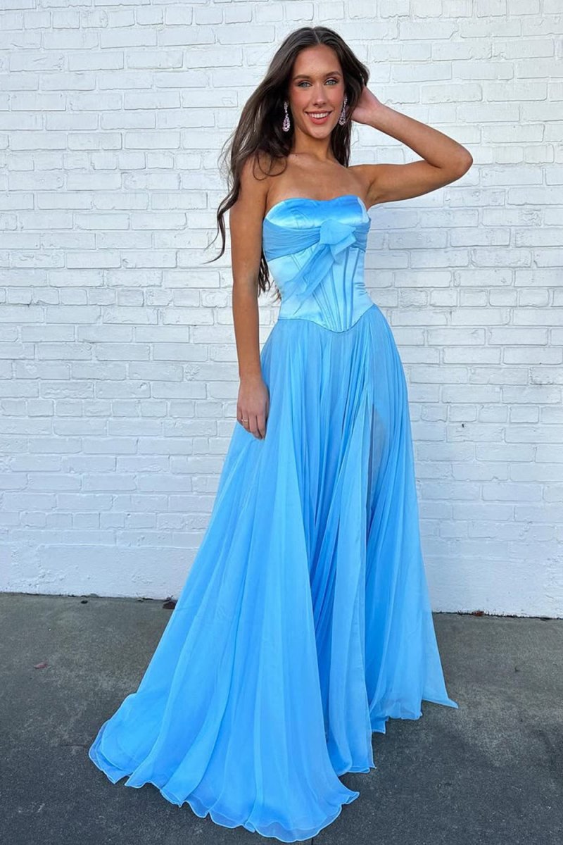 Pink A Line Strapless Pleated Chiffon Long Prom Dress with Bow