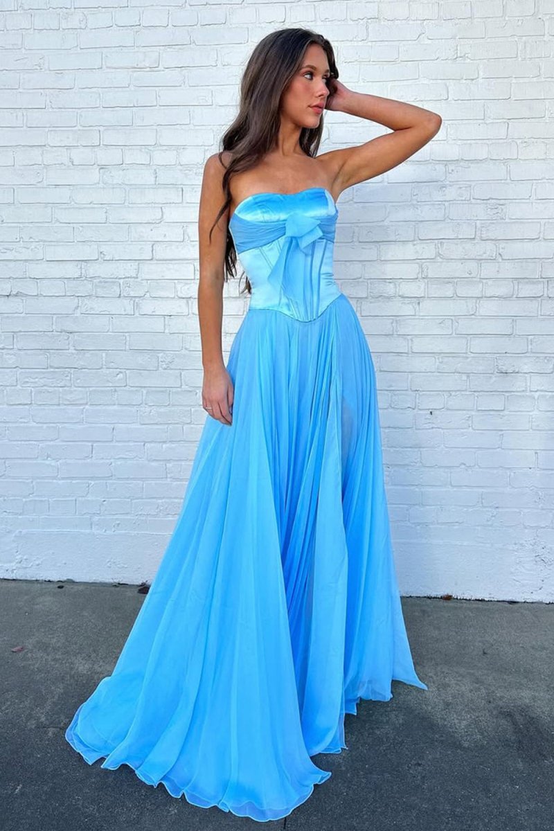 Pink A Line Strapless Pleated Chiffon Long Prom Dress with Bow