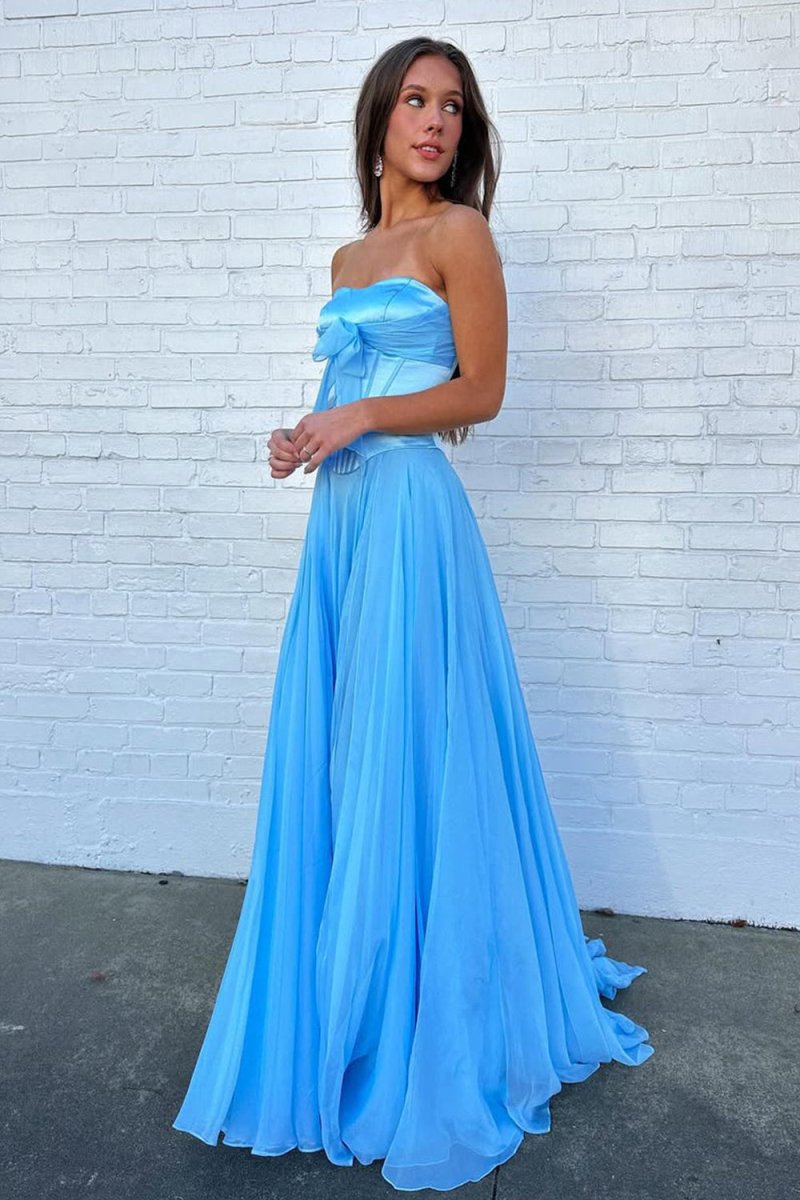 Pink A Line Strapless Pleated Chiffon Long Prom Dress with Bow