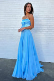 Pink A Line Strapless Pleated Chiffon Long Prom Dress with Bow