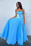 Pink A Line Strapless Pleated Chiffon Long Prom Dress with Bow
