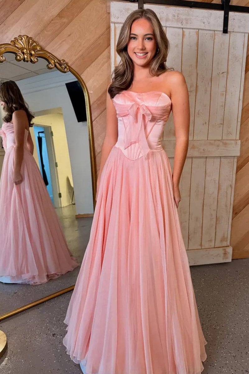 Pink A Line Strapless Pleated Chiffon Long Prom Dress with Bow