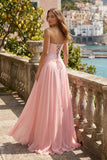 Pink A Line Strapless Pleated Chiffon Long Prom Dress with Bow