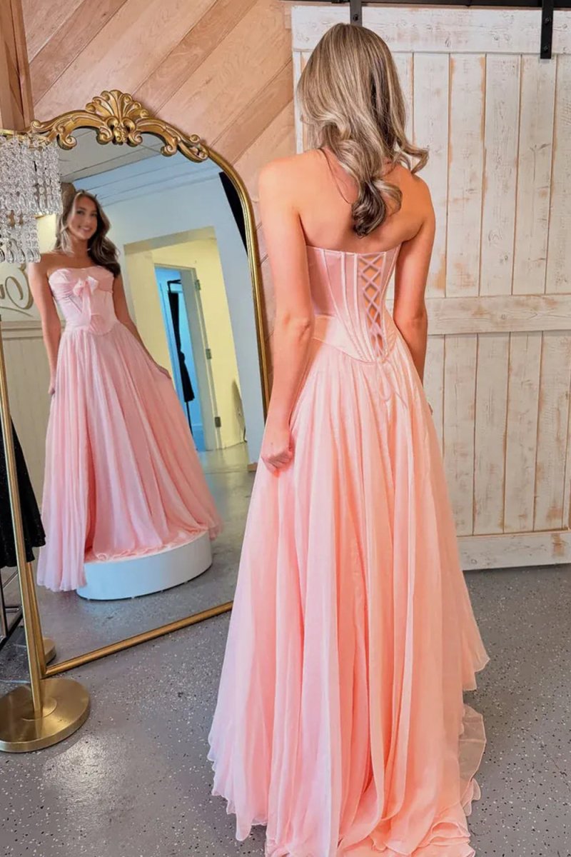 Pink A Line Strapless Pleated Chiffon Long Prom Dress with Bow