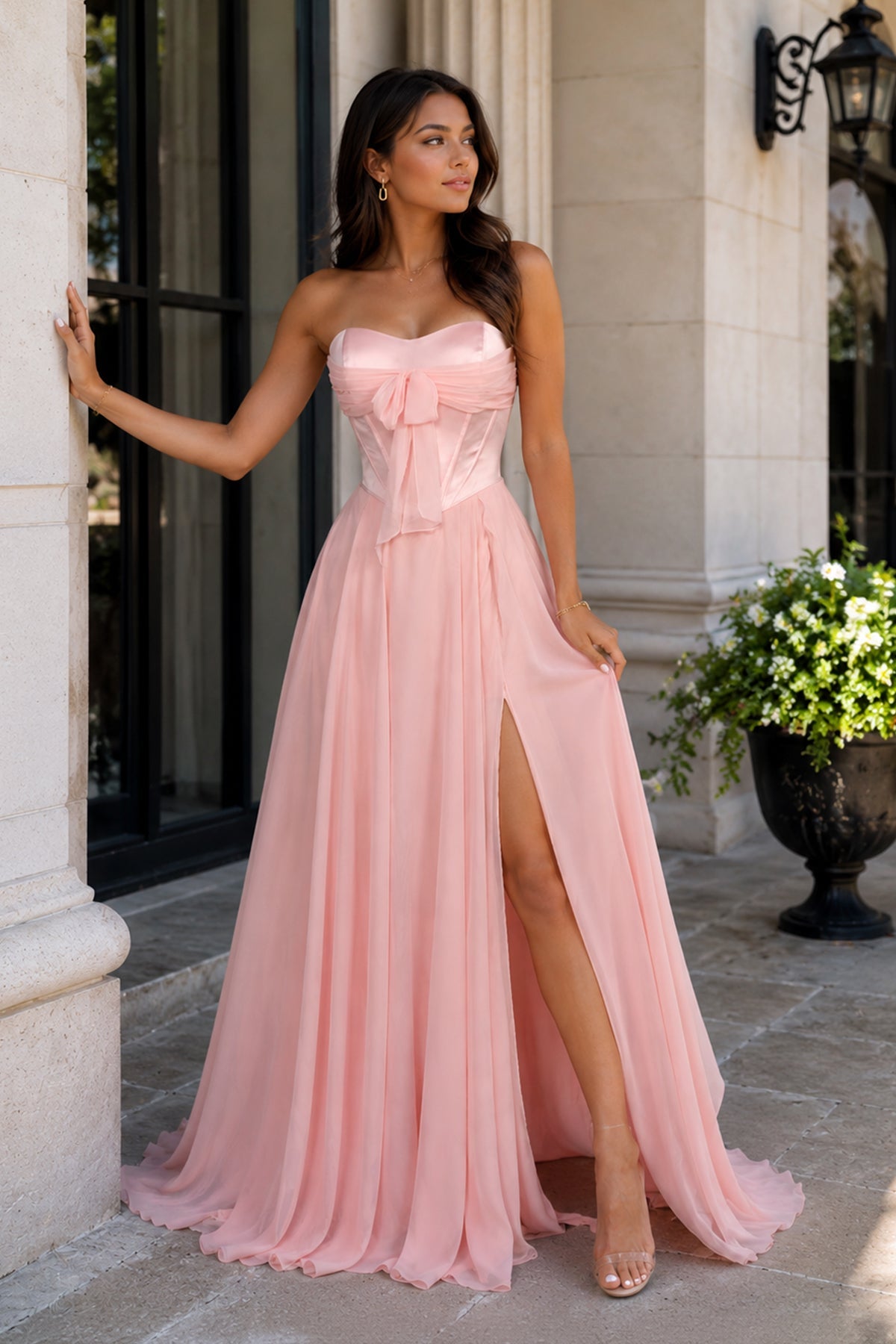 Pink A Line Strapless Pleated Chiffon Long Prom Dress with Bow