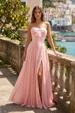 Pink A Line Strapless Pleated Chiffon Long Prom Dress with Bow