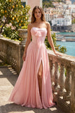 Pink A Line Strapless Pleated Chiffon Long Prom Dress with Bow