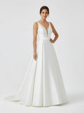 Ivory A-Line Deep V-Neck Long Wedding Dress with Bowknot