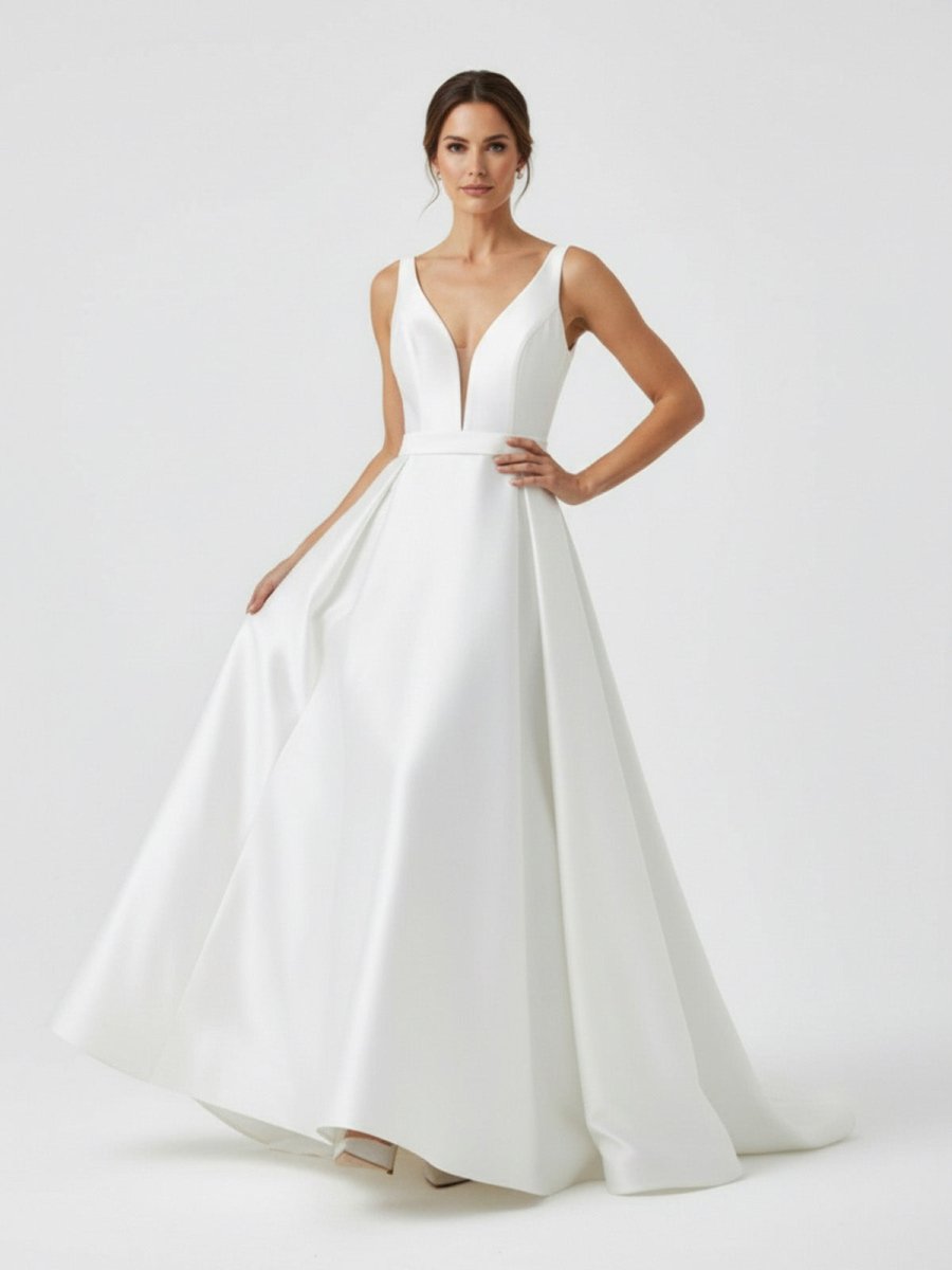 Ivory A-Line Deep V-Neck Long Wedding Dress with Bowknot