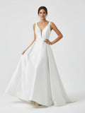 Ivory A-Line Deep V-Neck Long Wedding Dress with Bowknot