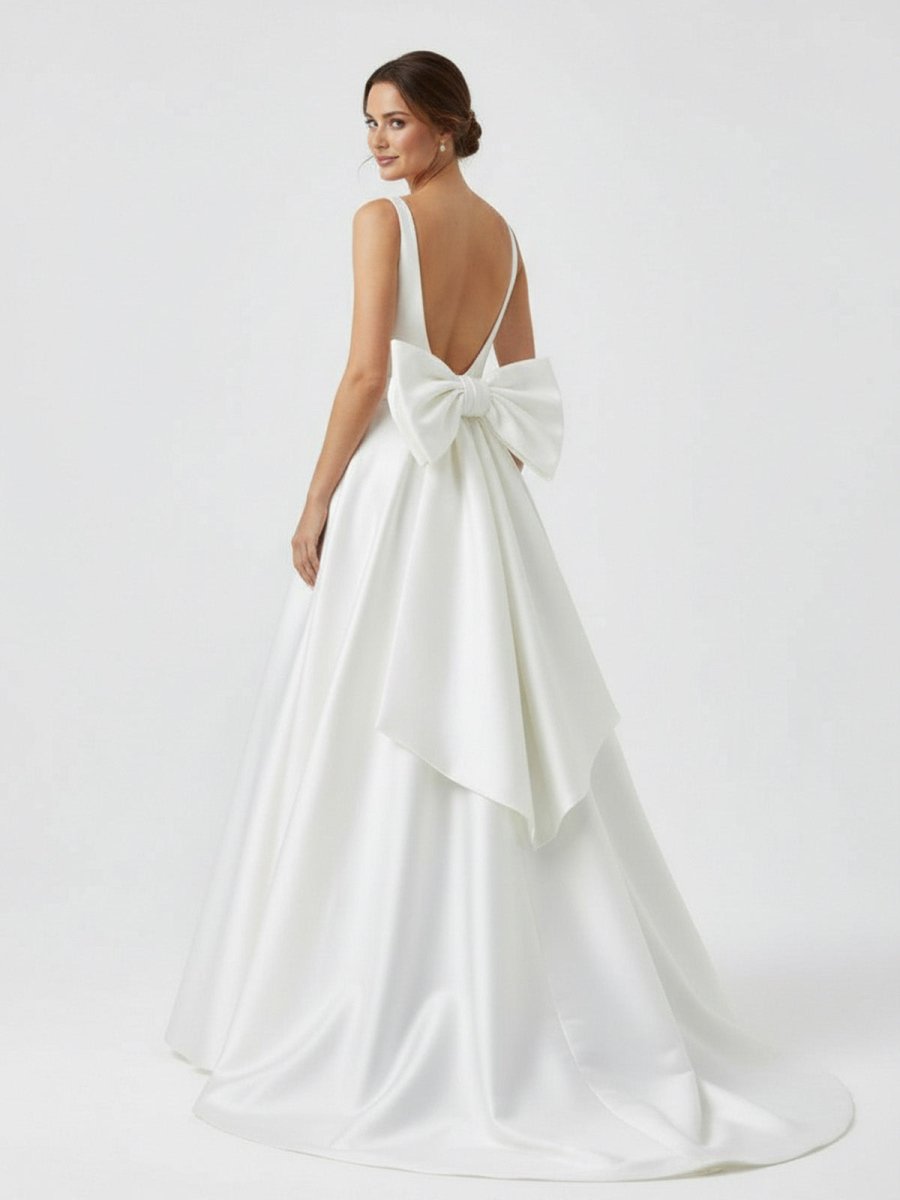 Ivory A-Line Deep V-Neck Long Wedding Dress with Bowknot