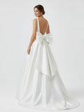 Ivory A-Line Deep V-Neck Long Wedding Dress with Bowknot