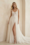 Glitter Ivory Tulle Corset A-Line Wedding Dress with Slit