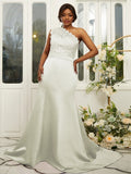 Sheath/Column Satin Lace One-Shoulder Sleeveless Sweep/Brush Train Bridesmaid Dresses Evening Dress