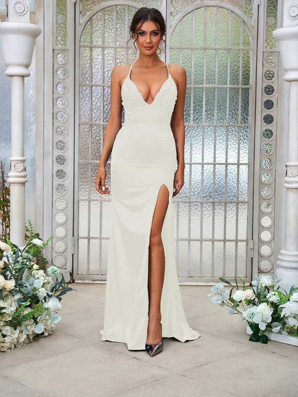 Sheath/Column Silk like Satin Ruched V-neck Sleeveless Sweep/Brush Train Bridesmaid Dresses Evening Dress