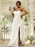 Sheath/Column Silk like Satin Ruched Sweetheart Sleeveless Sweep/Brush Train Bridesmaid Dresses Evening Dress