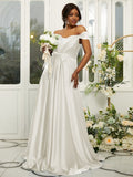 A-Line/Princess Silk like Satin Ruffles Off-the-Shoulder Sleeveless Sweep/Brush Train Bridesmaid Dresses Evening Dress