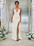 Sheath/Column Silk like Satin Ruched V-neck Sleeveless Sweep/Brush Train Bridesmaid Dresses Evening Dress