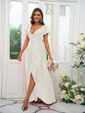 A-Line/Princess Silk like Satin Ruched V-neck Short Sleeves Floor-Length Bridesmaid Dresses Evening Dress