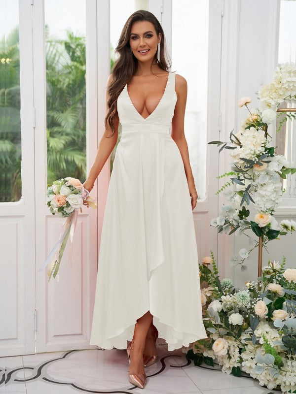A-Line/Princess Silk like Satin Ruffles V-neck Sleeveless Ankle-Length Bridesmaid Dresses Prom Dress
