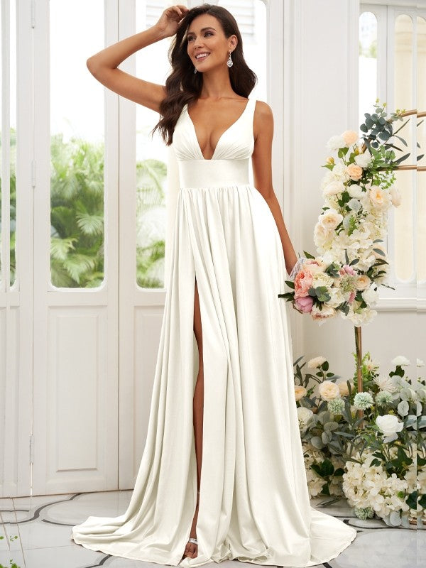 Vestido de dama de honor de corte A/princesa, jersey con volantes, escote en V, sin mangas, cola larga, para invitada de boda