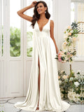 Vestido de dama de honor de corte A/princesa, jersey con volantes, escote en V, sin mangas, cola larga, para invitada de boda