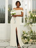 Sheath/Column Jersey Ruffles Off-the-Shoulder Sleeveless Sweep/Brush Train Bridesmaid Dresses Evening Dress