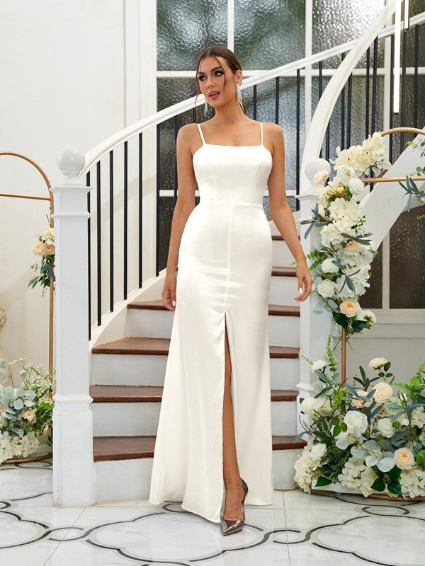 A-Line/Princess Silk like Satin Ruffles Spaghetti Straps Sleeveless Floor-Length Bridesmaid Dresses Evening Dress
