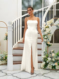 A-Line/Princess Silk like Satin Ruffles Spaghetti Straps Sleeveless Floor-Length Bridesmaid Dresses Evening Dress