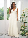 A-Line/Princess Jersey Ruffles V-neck Sleeveless Floor-Length Bridesmaid Dresses Evening Prom Dress