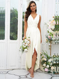 A-Line/Princess Charmeuse Ruched V-neck Sleeveless Sweep/Brush Train Bridesmaid Dresses Evening Dress