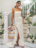 Sheath/Column Silk like Satin Ruched Square Sleeveless Sweep/Brush Train Bridesmaid Dresses Evening Dress