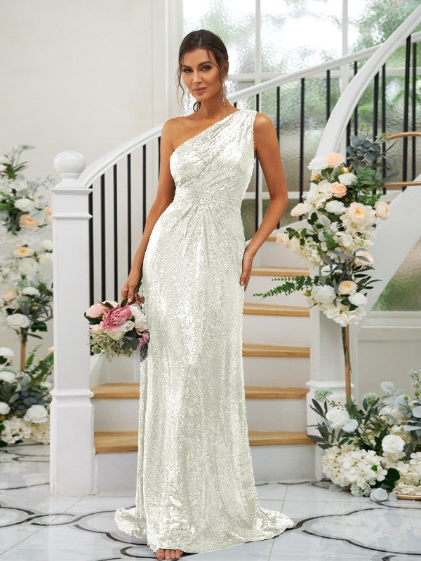 Sheath/Column Sequins Ruched One-Shoulder Sleeveless Sweep/Brush Train Bridesmaid Dresses Evening Dress