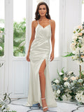 Sheath/Column Silk like Satin Ruched Spaghetti Straps Sleeveless Sweep/Brush Train Bridesmaid Dresses Evening Dress
