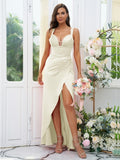 Sheath/Column Charmeuse Ruched V-neck Sleeveless Floor-Length Bridesmaid Dresses Evening Dress