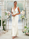 Sheath/Column Jersey Ruched V-neck Sleeveless Floor-Length Bridesmaid Dresses Evening Dress