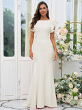 Sheath/Column Stretch Crepe Ruffles Scoop Short Sleeves Sweep/Brush Train Bridesmaid Dresses Evening Dress